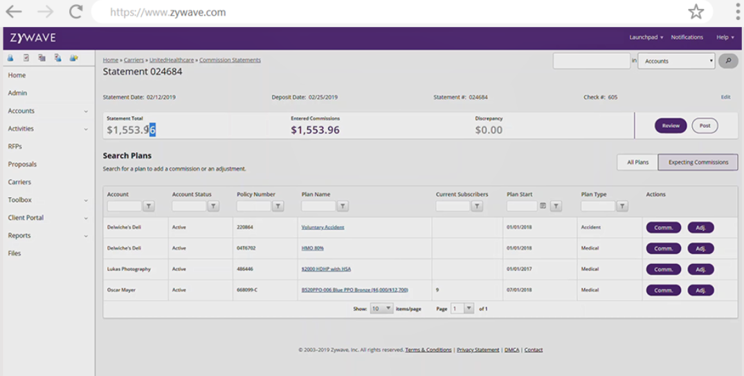 screenshot of Zywave Agency Management